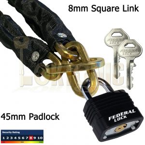Square Link 8mm Security Hardened Steel Chain+Padlock Bike Bicycle Sheds Gates