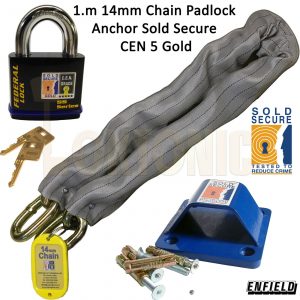 Motorbike Motorcycle Strong 1.m 14mm Chain Padlock Anchor Sold Secure CEN 5 Gold