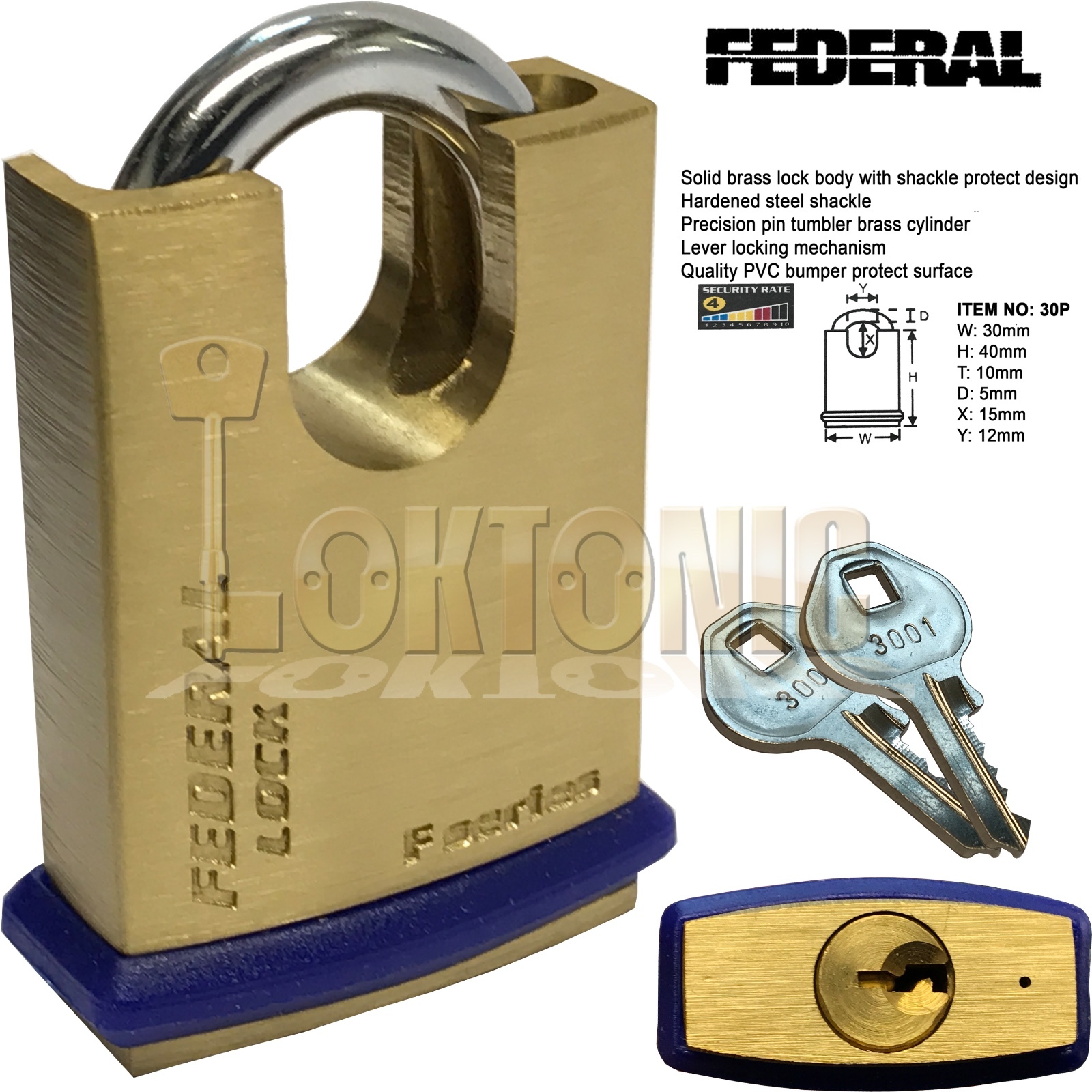 Federal FD30P KA3001 Shrouded Solid Brass Padlock Hardened Shackle Keyed Alike - Image 6